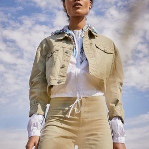 GRLFRND Lacy Crop Denim Jacket Khaki Olive Green M